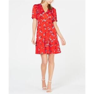 $298 Jill Stuart Red Multi Floral Satin Vneck Tiered Empire Dress 12 NEW